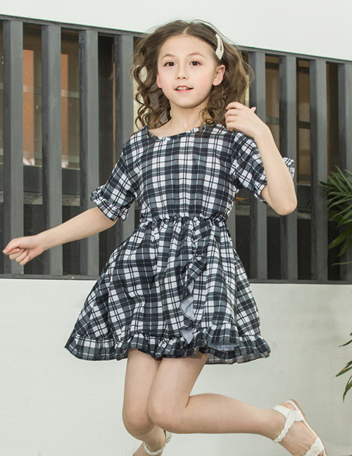 Fashion Black And White Square Plaid Dot Ruffled Children's Dress