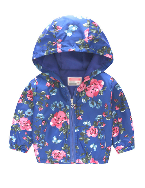 Fashion Blue Flower Cartoon Printed Children's Hooded Jacket