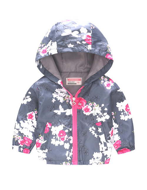 Fashion Gray Plum Blossom Cartoon Printed Children's Hooded Jacket