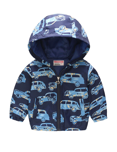 Fashion Blue Car Cartoon Printed Children's Hooded Jacket