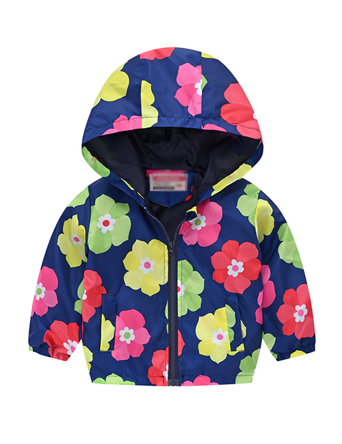 Fashion Blue Colored Flowers Cartoon Printed Children's Hooded Jacket