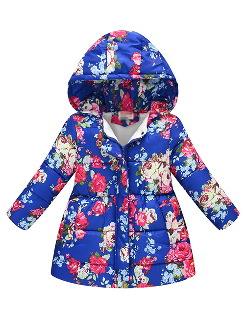 Fashion Blue Flower Printed Padded Children's Cotton Clothing