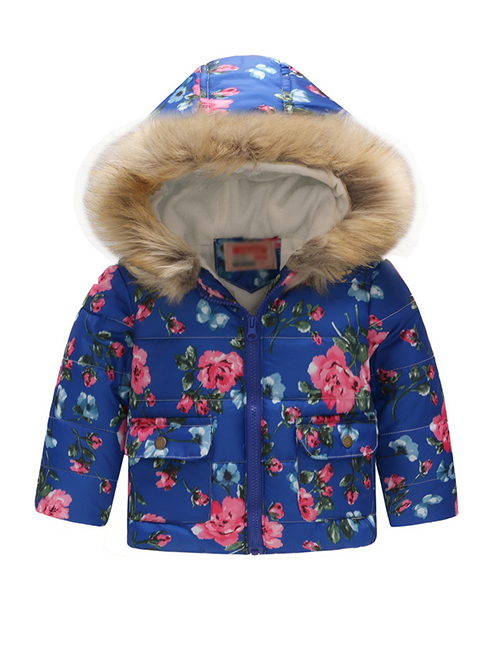 Fashion Blue Flower Printed Fur Collar Children's Hooded Cotton Coat