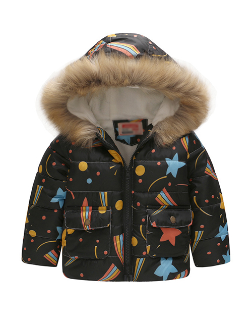 Fashion Black Starry Sky Printed Fur Collar Children's Hooded Cotton Coat