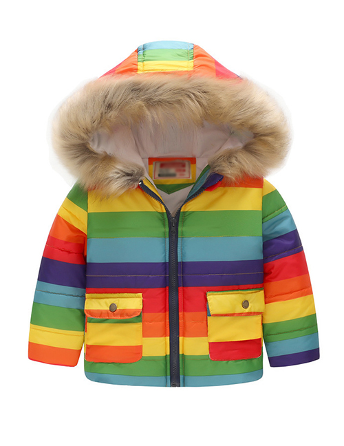 Fashion Striped Rainbow Printed Fur Collar Children's Hooded Cotton Coat