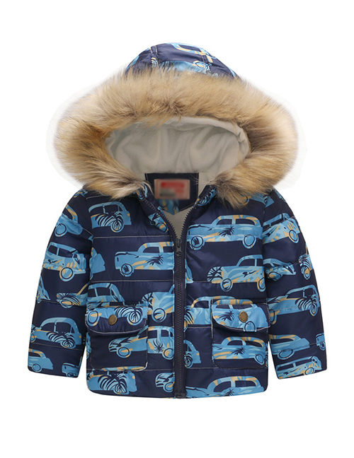 Fashion Blue Car Printed Fur Collar Children's Hooded Cotton Coat