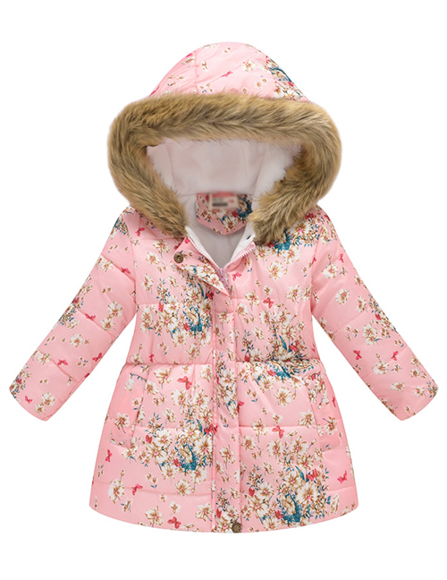 Fashion Pink Bottom Floral Flower Print Cartoon Fur Collar Big Boy Hooded Cotton Coat