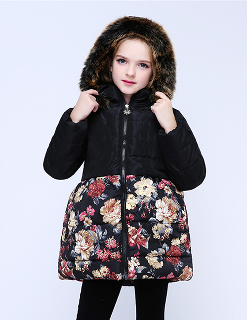 Fashion Black Wool Tie Cap Detachable Flower Print Plus Velvet Children's Coat