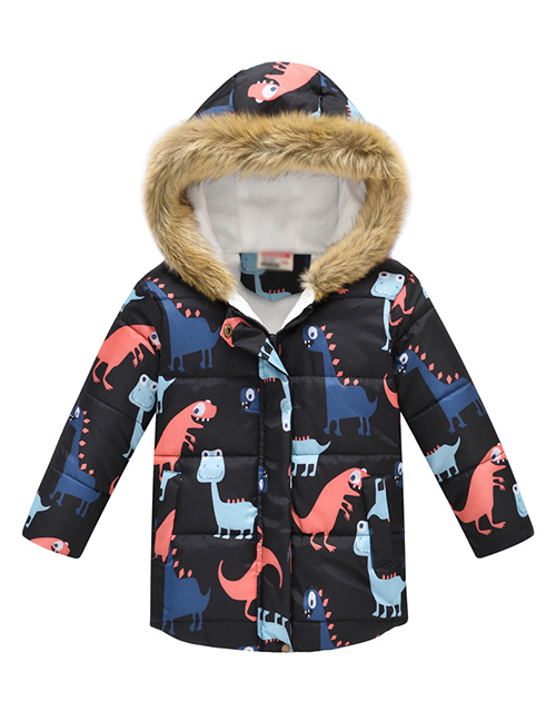 Fashion Black Dinosaur Cartoon Printed Thick Fur Collar Big Children's Cotton Jacket