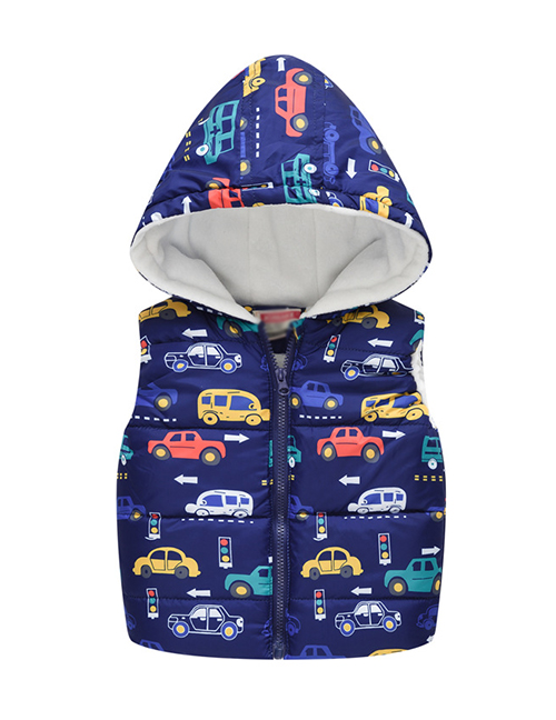 Fashion Blue-colored Car Cartoon Hooded Zipper Child Cotton Vest