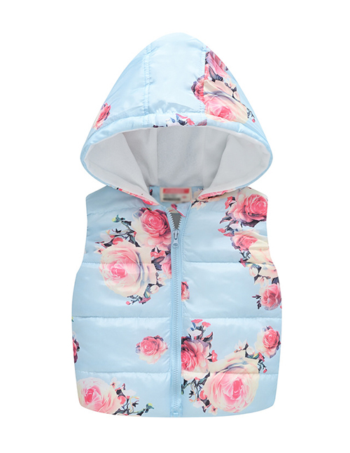Fashion Light Blue Flower Cartoon Hooded Zipper Child Cotton Vest