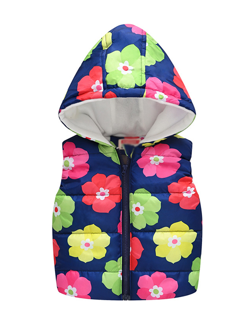 Fashion Dark Blue Colored Flower Cartoon Hooded Zipper Child Cotton Vest