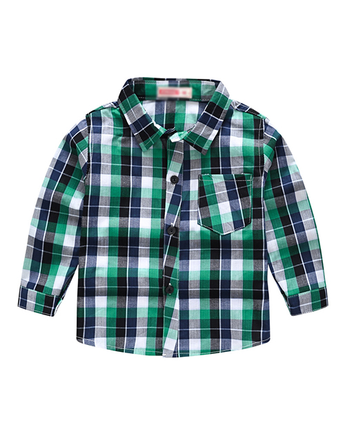 Fashion Green Grid Plaid Lapel Children's Shirt