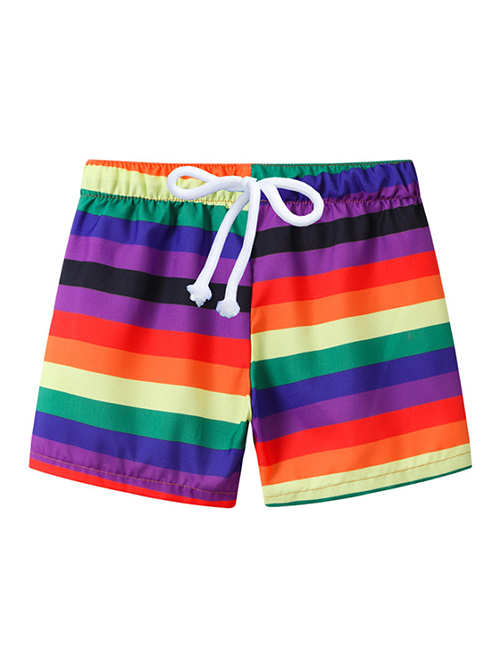 Fashion Colored Horizontal Stripes Printed Lace-up Children's Beach Pants