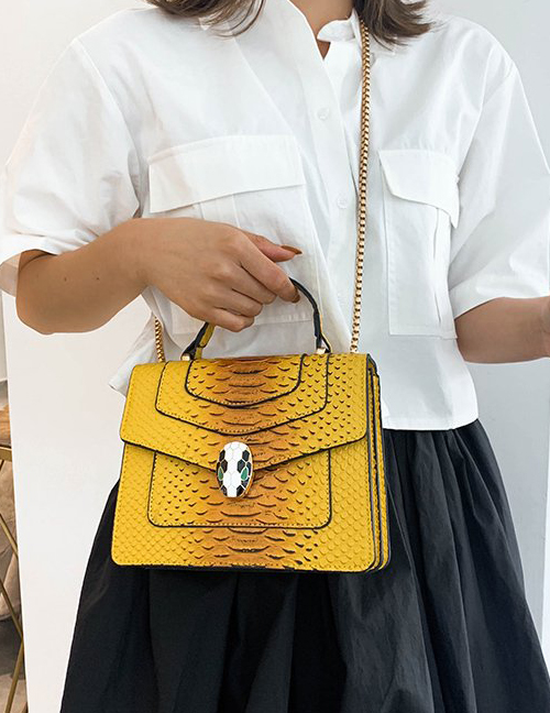 Fashion Yellow Serpentine Multilayer Cover Shoulder Crossbody Bag
