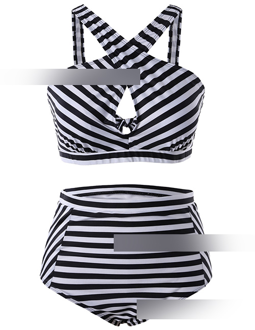 Fashion Stripe Printed Striped High Waist Split Swimsuit