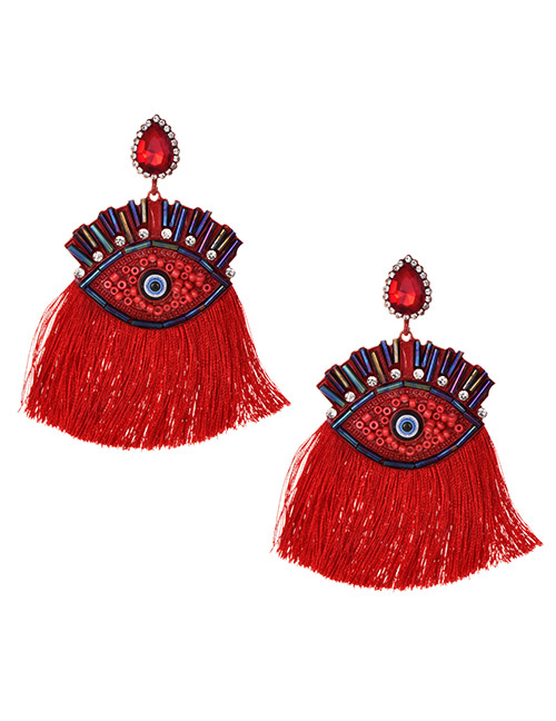 Fashion Red Alloy Rice Bead Resin With Large Eyes And Tassel Earrings