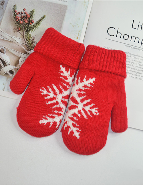 Fashion Red Christmas Knit Double Layered Snowflake Gloves