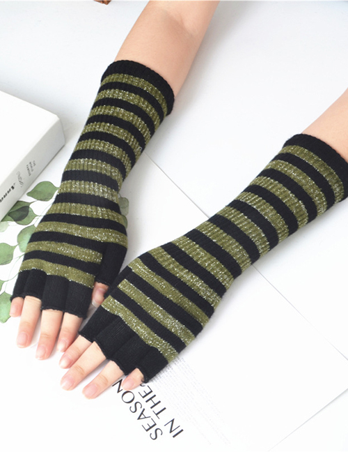 Fashion Black + Green Wool Half Finger Striped Gloves