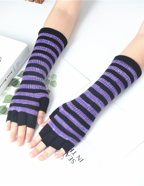 Fashion Black + Purple Wool Half Finger Striped Gloves