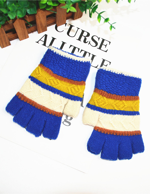 Fashion Royal Blue Thin Striped Knit Half Finger Gloves