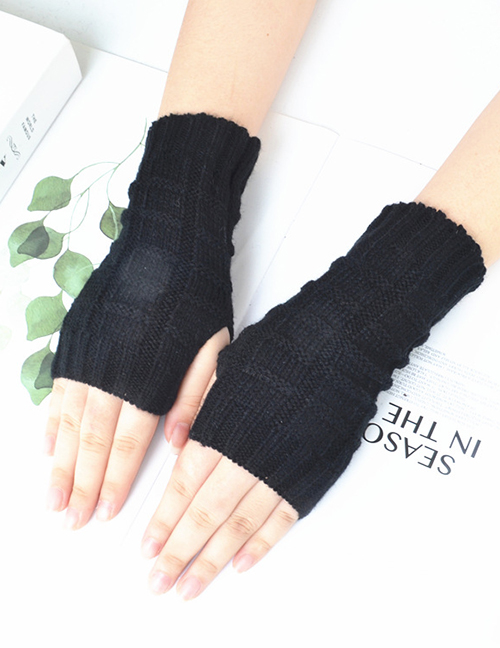 Fashion Black Knitted Half Finger Wool Gloves