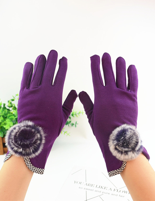 Fashion Purple Hair Ball Thin Brushed Five-finger Gloves