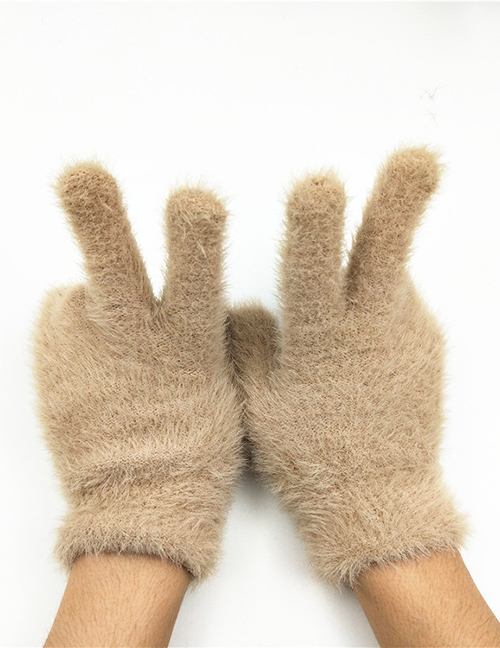 Fashion Khaki Plush Touch Screen Five-finger Gloves