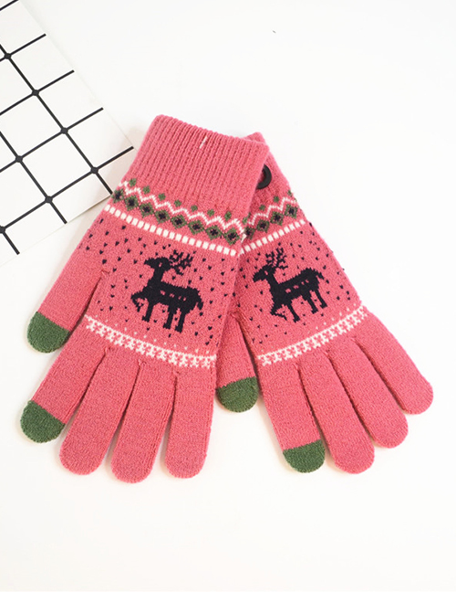 Fashion Rose Red Fawn Christmas Plus Velvet Touch Screen Knitted Woolen Gloves