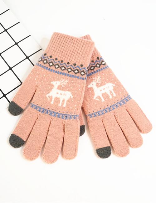 Fashion Pink Fawn Christmas Plus Velvet Touch Screen Knitted Woolen Gloves
