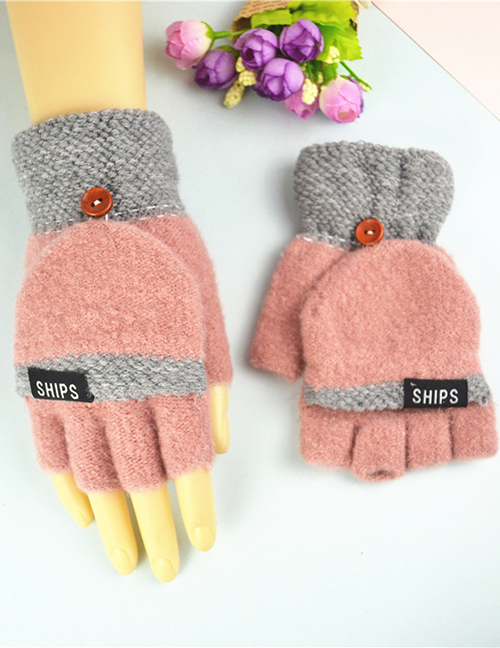 Fashion Pink Gray Plus Velvet Flip Letter Knit Half Finger Color Matching Gloves
