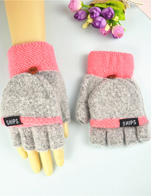 Fashion Gray Orange Pink Plus Velvet Flip Letter Knit Half Finger Color Matching Gloves