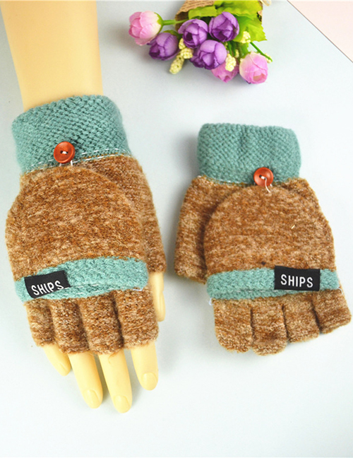 Fashion Brownish Green Plus Velvet Flip Letter Knit Half Finger Color Matching Gloves