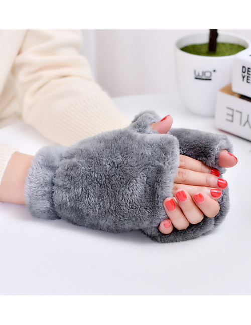 Fashion Gray Plush Thick Half-finger Finger-knit Gloves