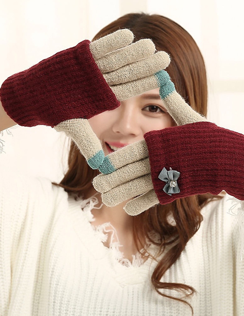 Fashion Wine Red + Beige Touch Screen Knit Wool Bow Double Layer Color Matching Gloves