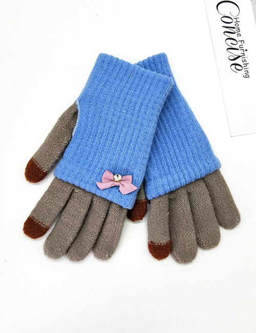 Fashion Sky Blue + Medium Gray Touch Screen Knit Wool Bow Double Layer Color Matching Gloves