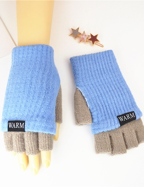Fashion Sky Blue + Medium Gray Knitted Wool Letter Double Color Matching Mitt