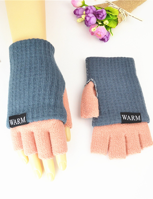 Fashion Denim Blue + Orange Pink Knitted Wool Letter Double Color Matching Mitt