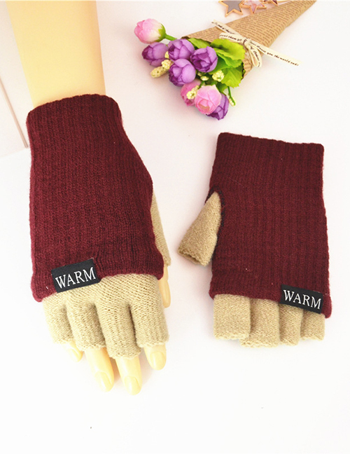 Fashion Wine Red + Beige Knitted Wool Letter Double Color Matching Mitt