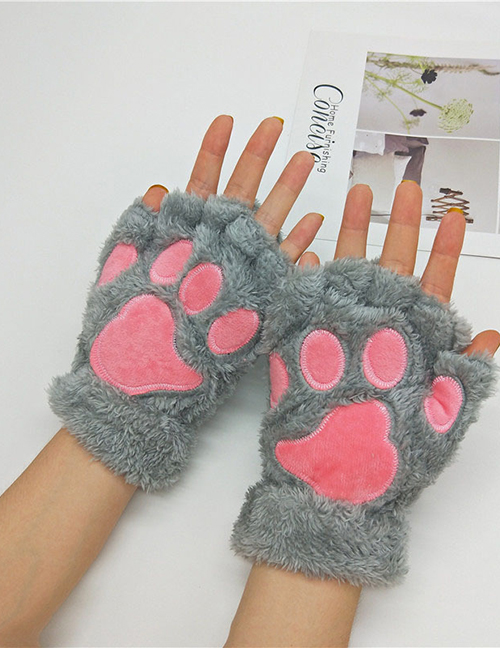Fashion Gray Cat Claw Plush Bear Paw Half Finger Gloves