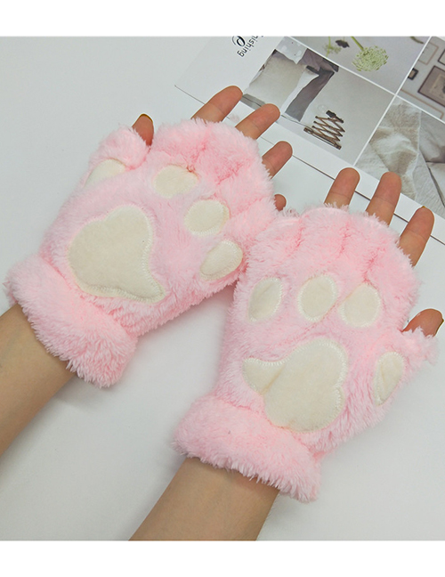 Fashion Pink Cat Claw Plush Bear Paw Half Finger Gloves