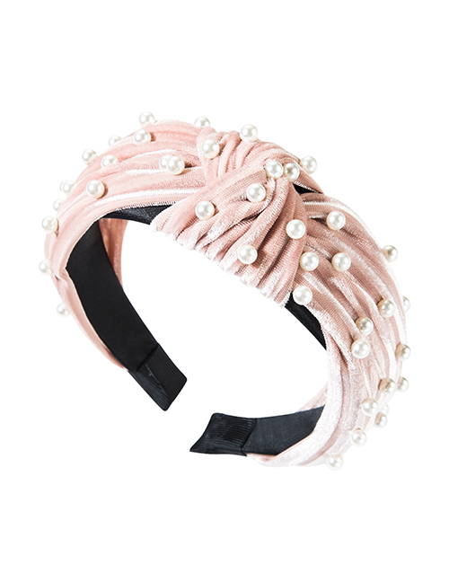 Fashion Pink Horizontal Striped Gold Velvet Wide-brimmed Knotted Pearl Headband