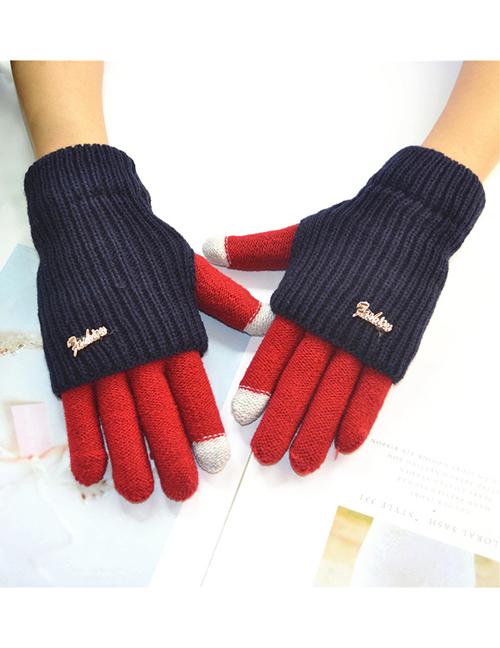 Fashion Red + Cyan Touch Screen Knit Wool Brushed Fake Two-piece Gloves