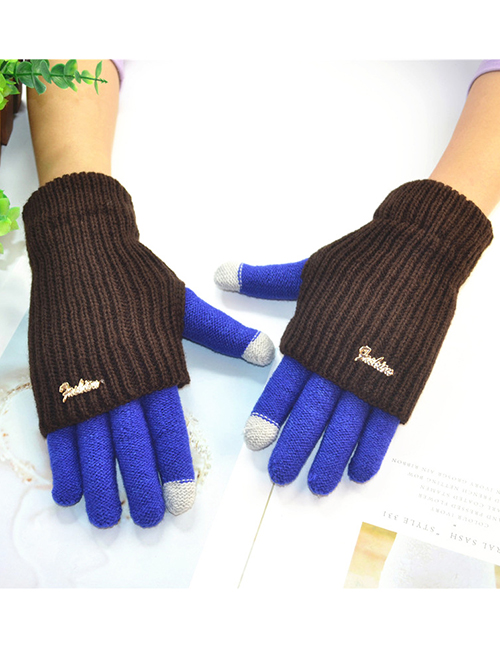 Fashion Blue + Brown Touch Screen Knit Wool Brushed Fake Two-piece Gloves