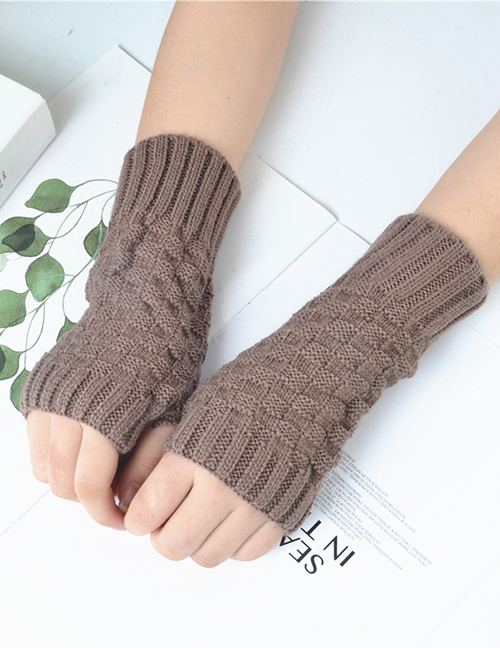 Fashion Khaki Small Square Wool Knitted Half Finger Gloves