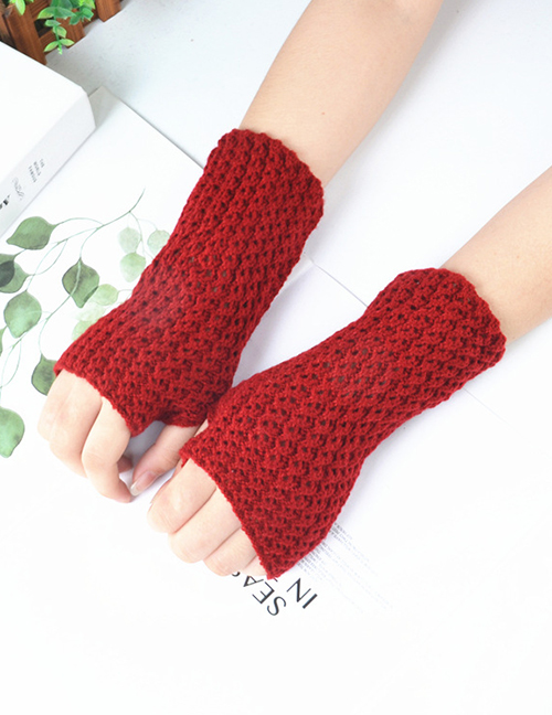 Fashion Red Knitted Mesh Fingerless Short Gloves