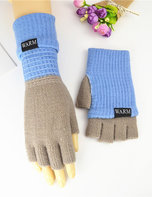 Fashion Light Blue Ash Double-layer Two-knit Knitted Gloves