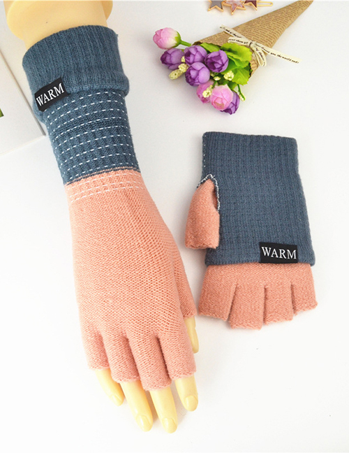 Fashion Dark Blue Powder Double-layer Two-knit Knitted Gloves