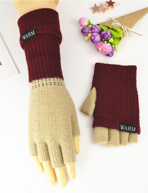 Fashion Jujube Khaki Double-layer Two-knit Knitted Gloves