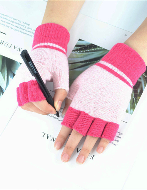 Fashion Rose Red Wool-blend Colorblock Half Finger Gloves